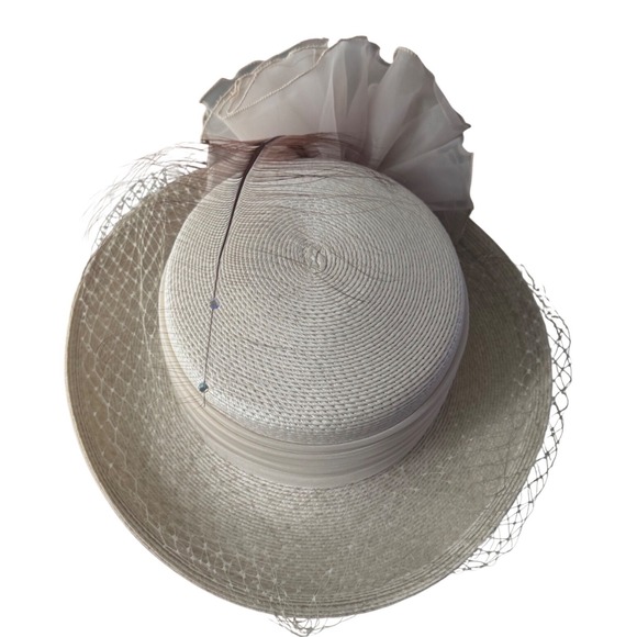 Joan Sylvia St Louis Vintage Cream  Dress Hat Organza Feather Derby Jody  G EUC main image 10